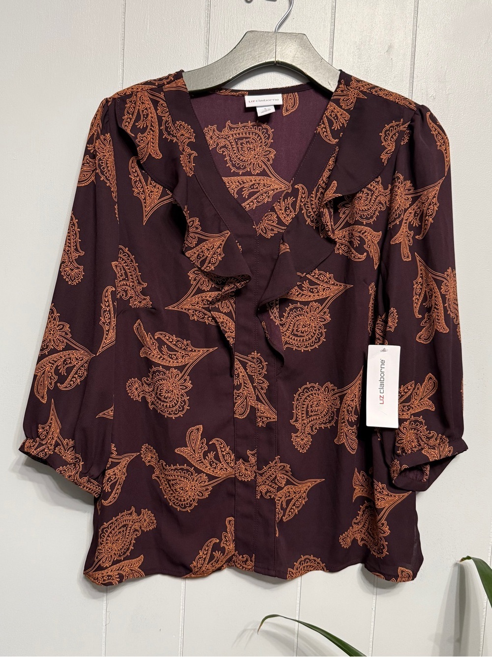 #18)  NWT Liz Claiborne Plum Blouse with Rust Paisley Ruffle V-Neck